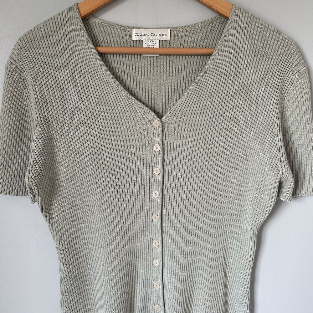 Casual Corner Vintage Knit Sweater Top Button Up V-Neck Green Women's Size Large - Picture 3 of 9